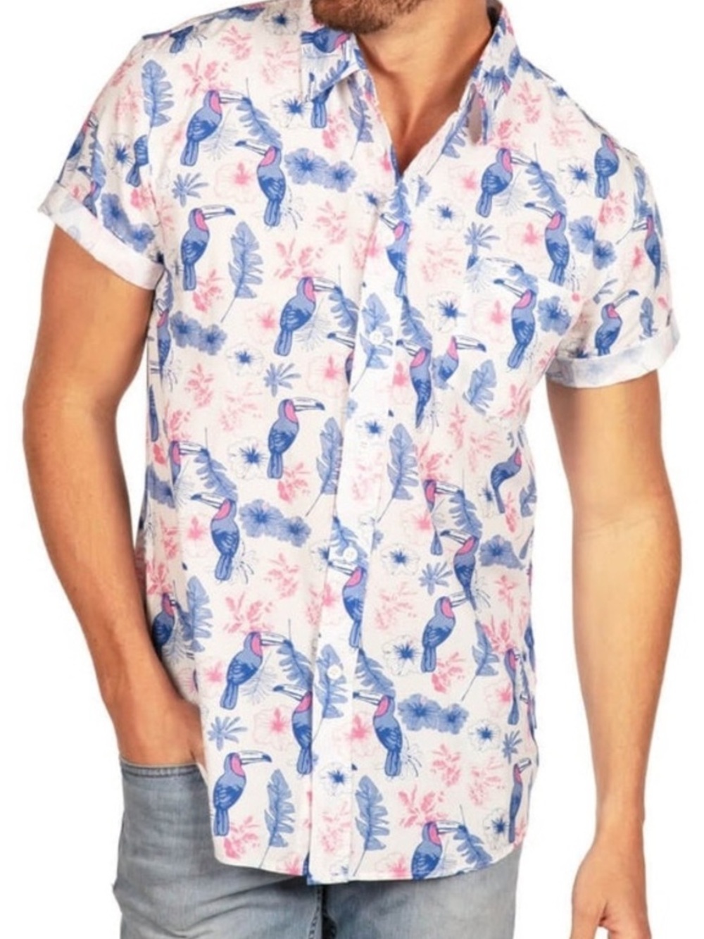 TIPSY ELEVES Men’s Toucan Tango White Hawaiian Shirt